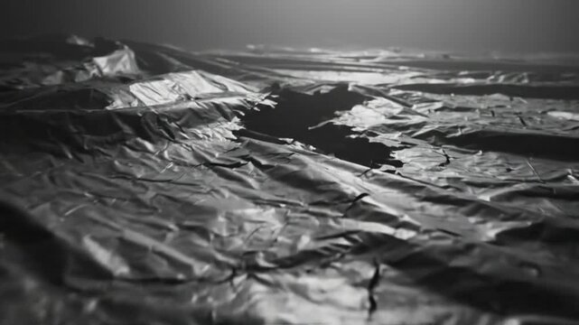 Black and white close up of cracked wrinkled plastic sheets with bright illumination, abstract concept
