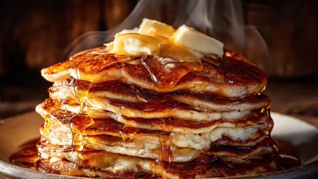 A stack of golden pancakes with melting butter and syrup, served on a rustic plate