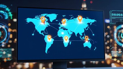 Digital world map with glowing location pins and connections on a computer screen. - Powered by Adobe