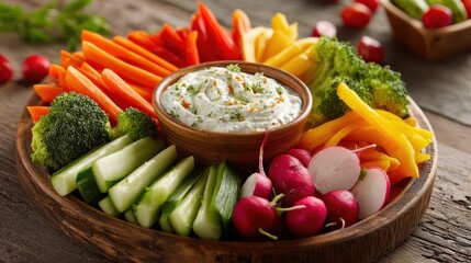 Vibrant veggie tray featuring carrots, cucumbers, peppers, and a creamy dip