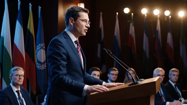 Man speaker delivers conference speech at podium with flags and delegates seated behind. Male diplomat at conference podium. Speaker presents to delegates. Man at international conference hall.