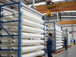 Automated textile warehouse with 20-meter tall shelving and high-speed crane retrieving fabric rolls