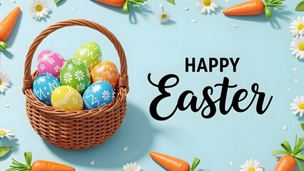 Easter basket with colorful eggs and carrots