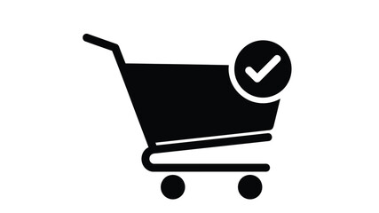 Simple black and white icon of a shopping cart with a checkmark symbol © Saidul_Studio1984