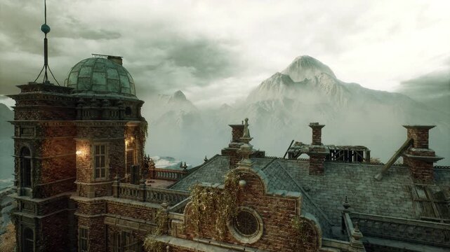Sunrise silhouette revealing castle rooftop and peaks, golden glow on spires, soft mist in valley, tranquil dawn panorama with calm atmosphere and textured