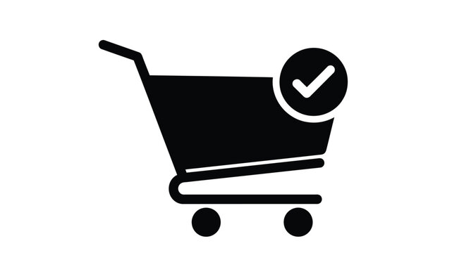 Simple black and white icon of a shopping cart with a checkmark symbol