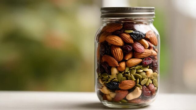 Jar filled with assorted nuts and dried fruits, showcasing a vibrant mix of textures and colors, captured in a series of frames highlighting the contents and details