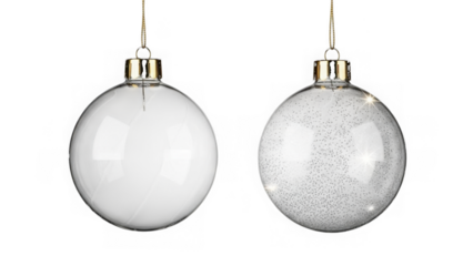 Two Shiny Silver Christmas Ornaments with Gold Caps Hanging Side by Side isolated on a transparent background