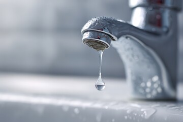 Minimalist bathroom scene focusing on a dripping faucet and falling water droplet, neutral colors and clean lines