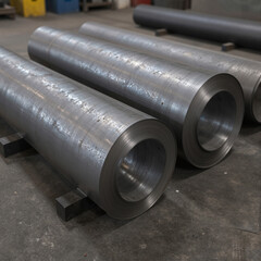 Fototapeta premium Industrial scene: large sheet metal coil rolls resting on supports in a gritty warehouse