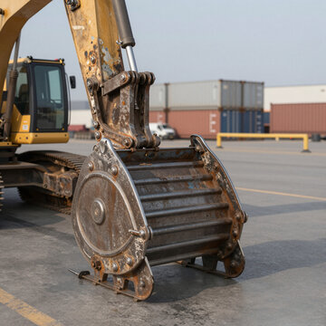 Close-up of a rusted excavator bucket with hydraulic arm at a shipping port, stacks of containers in the background