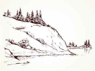 Obraz premium Rustic scene with high cliff on riverbank with space for text on white sky backdrop. Alpine waterside. Outline freehand black ink hand drawn picture sketchy in art vintage scribble style pen on paper