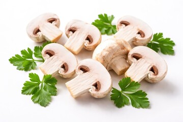 Fototapeta premium Fresh Champignon Mushrooms with Parsley Isolated on White Background