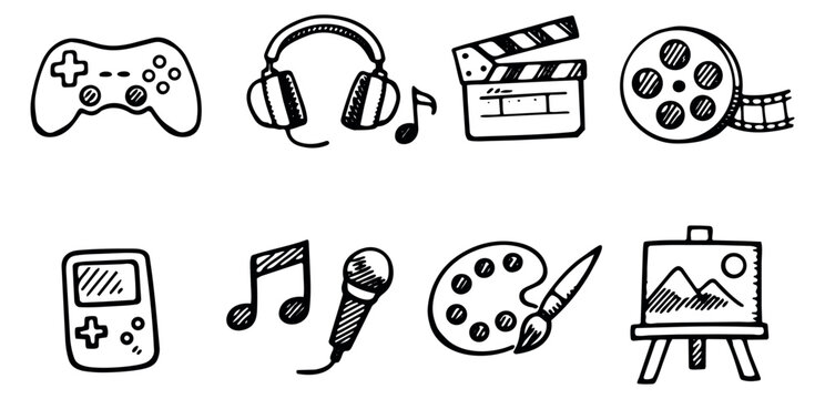 Art icons set featuring a game controller, headphones, clapperboard, film reel, game console, music notes, microphone, paint palette, and easel for creative hobbies and media