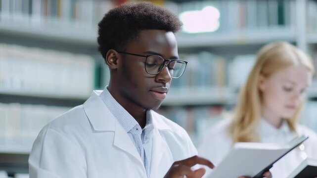 Two scientists, a man and woman, concentrated in lab surrounded by books. Reading through technical documents while working together.