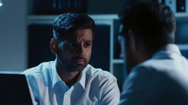 Two men talking in a professional setting, one appears to be listening intently while the other explains something.