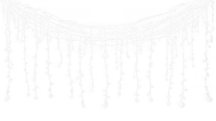 White hanging decorative string lights with star and teardrop ornaments isolated on a transparent background