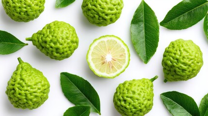 Obraz premium Kaffir Lime Fruits and Leaves Flat Lay Pattern on White Background