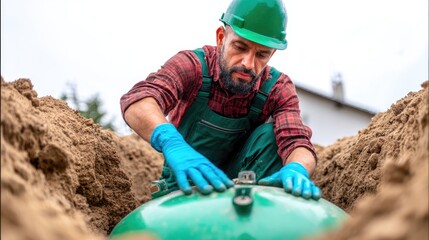 Professional Worker Installing Underground Septic Tank in Construction Trench