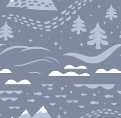 Snowy landscape in soft grey seamless pattern