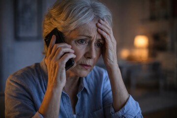 Worried Senior Woman Talking on Phone at Home in Evening Light