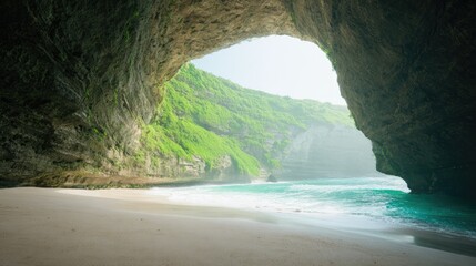 Tropical Cave Beach with Turquoise Ocean and Sunlight, Exotic Travel Destination