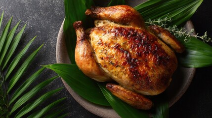 Whole Roasted Chicken with Herbs on Green Leaves, Gourmet Food Photography