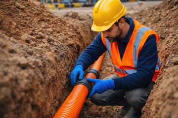Construction Worker Installing Underground Pipe in Trench at Building Site