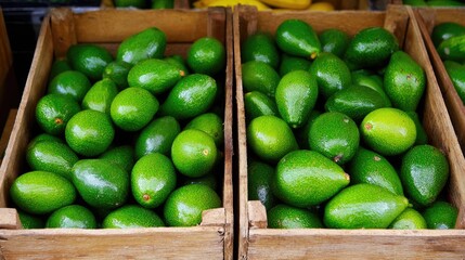 Fresh Green Avocados in Wooden Crates at Local Farmers Market