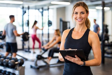 Smiling Female Fitness Trainer Holding Clipboard in Modern Gym Environment
