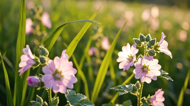 Closeup of delicate pink mallow flowers blooming in a sunlit garden.
