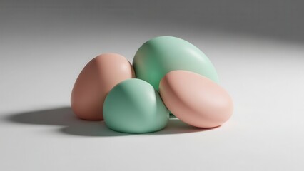 Smooth, biomorphic 3D shapes in mint and pale coral resting on a clean, softly shadowed plane.