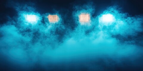 Obraz premium Four bright grid lights illuminate dense blue fog in a dark, atmospheric setting