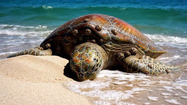 Sea turtle resting on a sandy beach as ocean waves gently wash around its body on a sunny day
