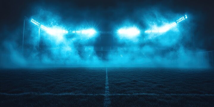 Empty soccer field at night, illuminated by bright blue stadium lights through fog