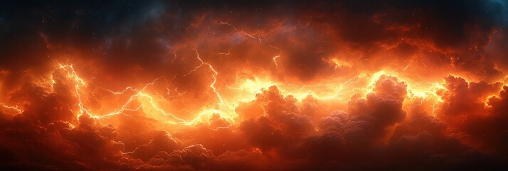 Dark storm clouds with fiery orange glow and powerful golden lightning streaks across sky