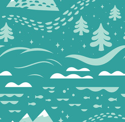 Snowy landscape in turquoise seamless pattern