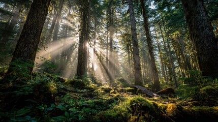 Obraz premium Sunbeams through a Quiet Forest Canopy at Golden Hour