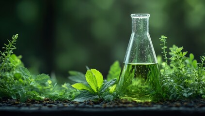 Green liquid in scientific flask amidst lush foliage, symbolizing natural research