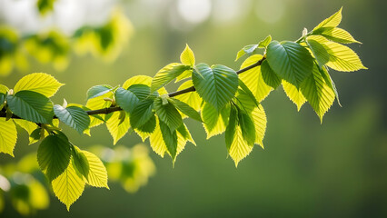 Luminous green foliage on a delicate branch bathed in warm sunlight, capturing the serene beauty and fresh vitality of nature's awakening