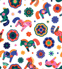Dala Horses and flowers seamless pattern