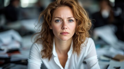 Woman with curly hair sitting at desk with papers and looking directly into the camera in an office