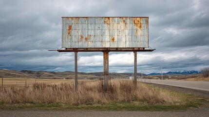 Weathered roadside billboard with a blank rusted panel beside a quiet rural road