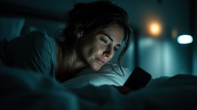 Woman looking at smartphone while lying in bed at night in a dark room