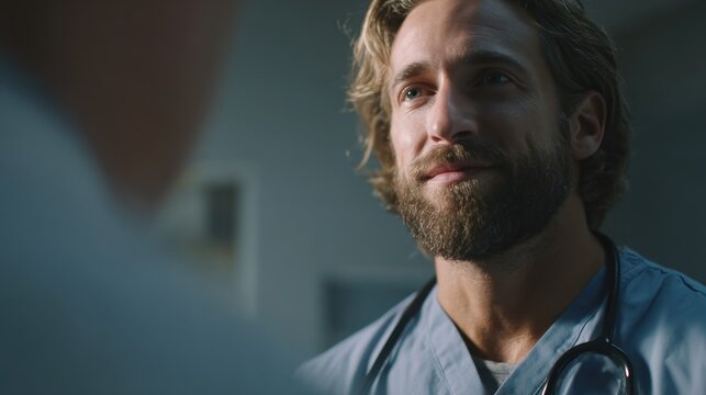 Doctor interacting with patient in hospital setting during evening hours