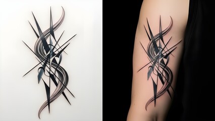 Modern abstract tattoo design featuring sharp geometric lines and fluid smoke-like patterns in black and grey on arm.