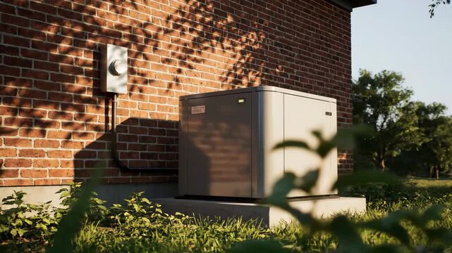 Outdoor residential AC unit next to brick wall with dappled sunlight and shadows