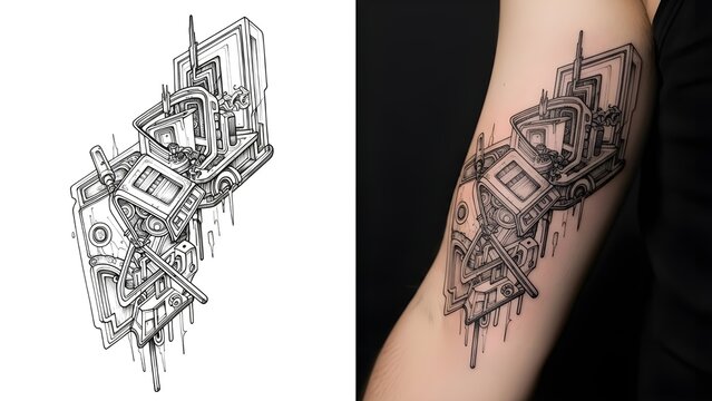 Complex Abstract Mechanical and Technological Geometric Tattoo Design; Cyberpunk Inspired Bio-Mechanical Ink Art Flash and Skin Placement