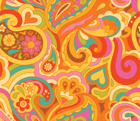 Peace and love. Mix with paisley, swirls, and flowers seamless pattern