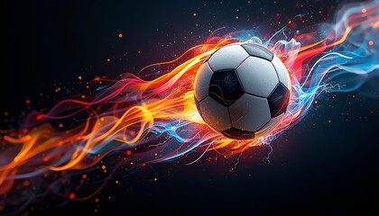 Fototapeta premium Flaming Soccer Ball with Fire and Ice Energy Trails Moving Through Dark Space